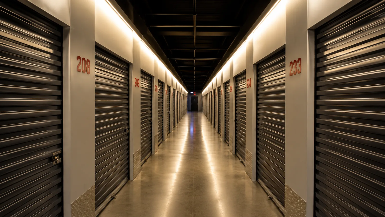 Corridoio con unità di self storage di diverse metrature