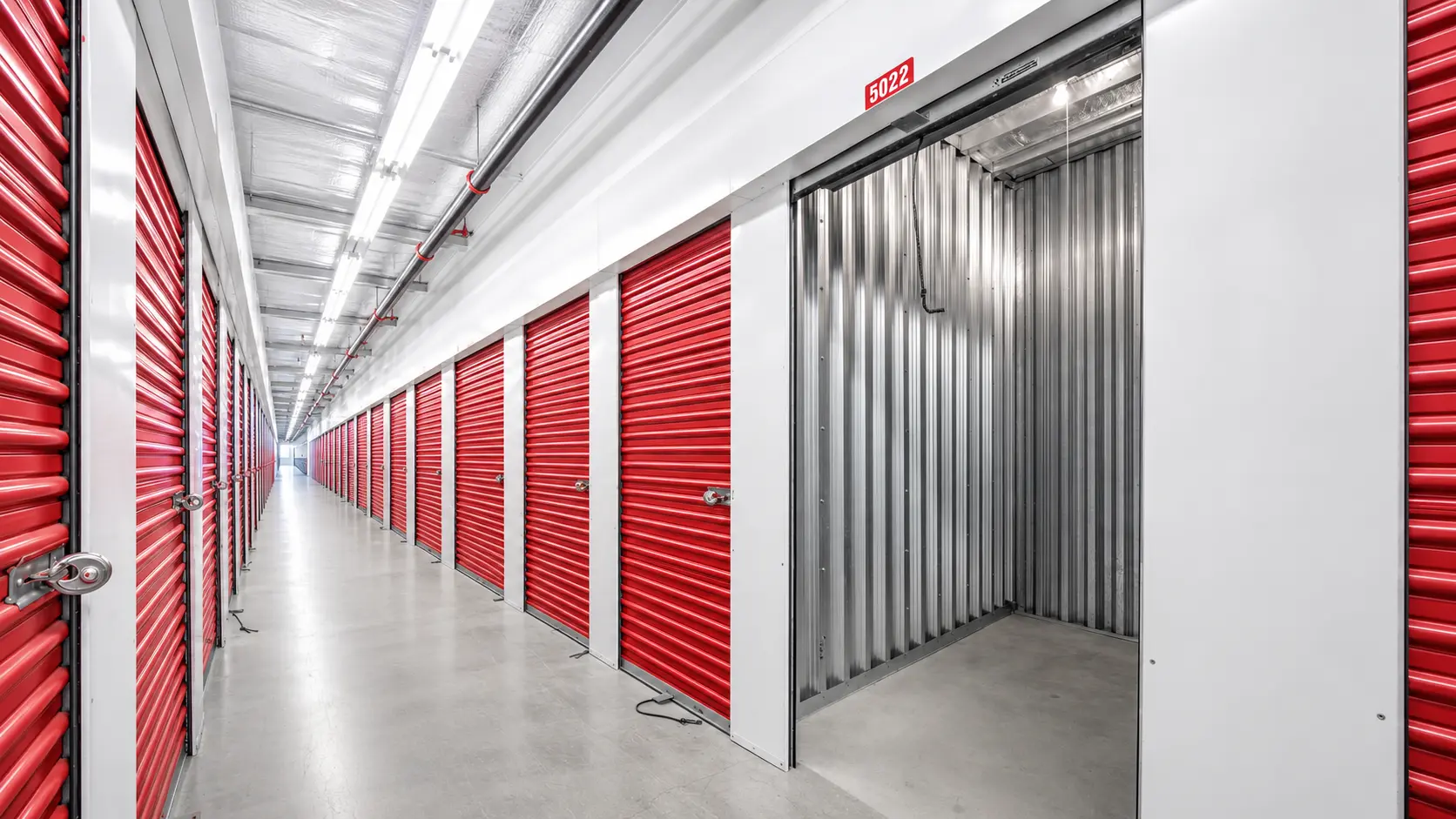 Corridor with private units in a self-storage facility