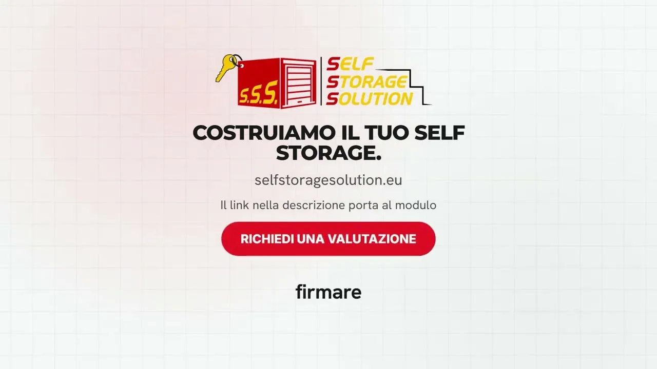 Thumbnail del video con il logo Self Storage Solution, il testo Costruiamo il tuo self storage e il pulsante Richiedi una valutazione